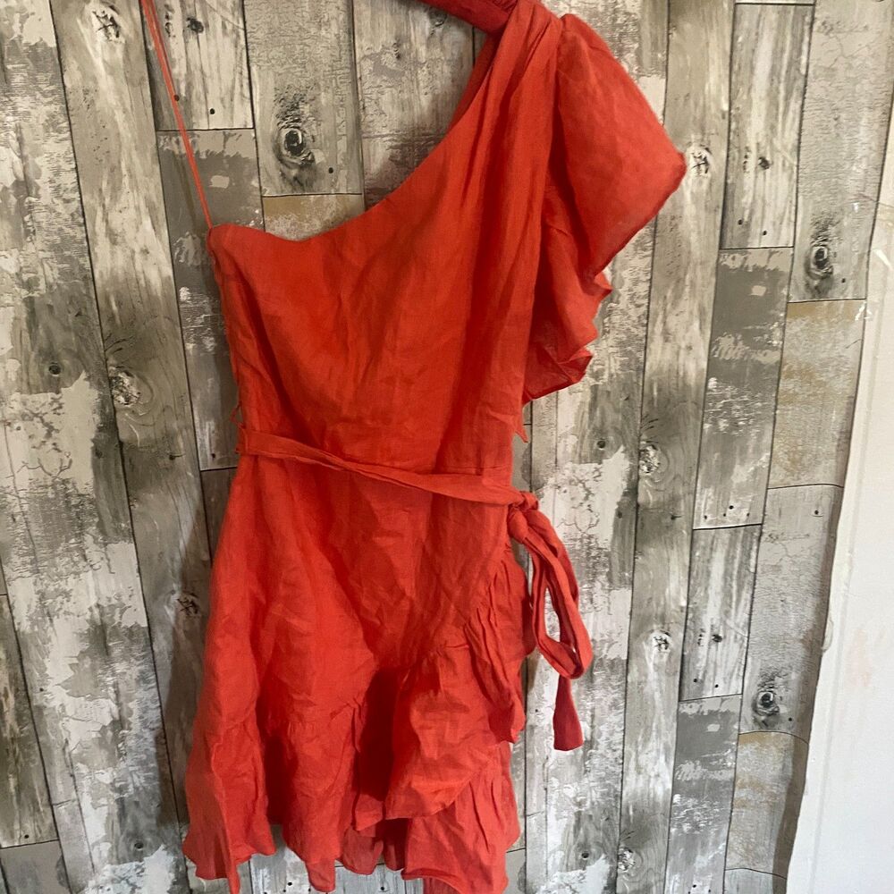 Banana Republic orange linen off the shoulder ruffle dress 6